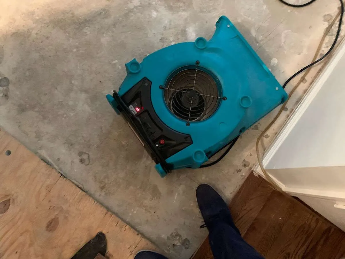 Air mover drying subfloor during Commercial Water Damage Restoration in North Hills